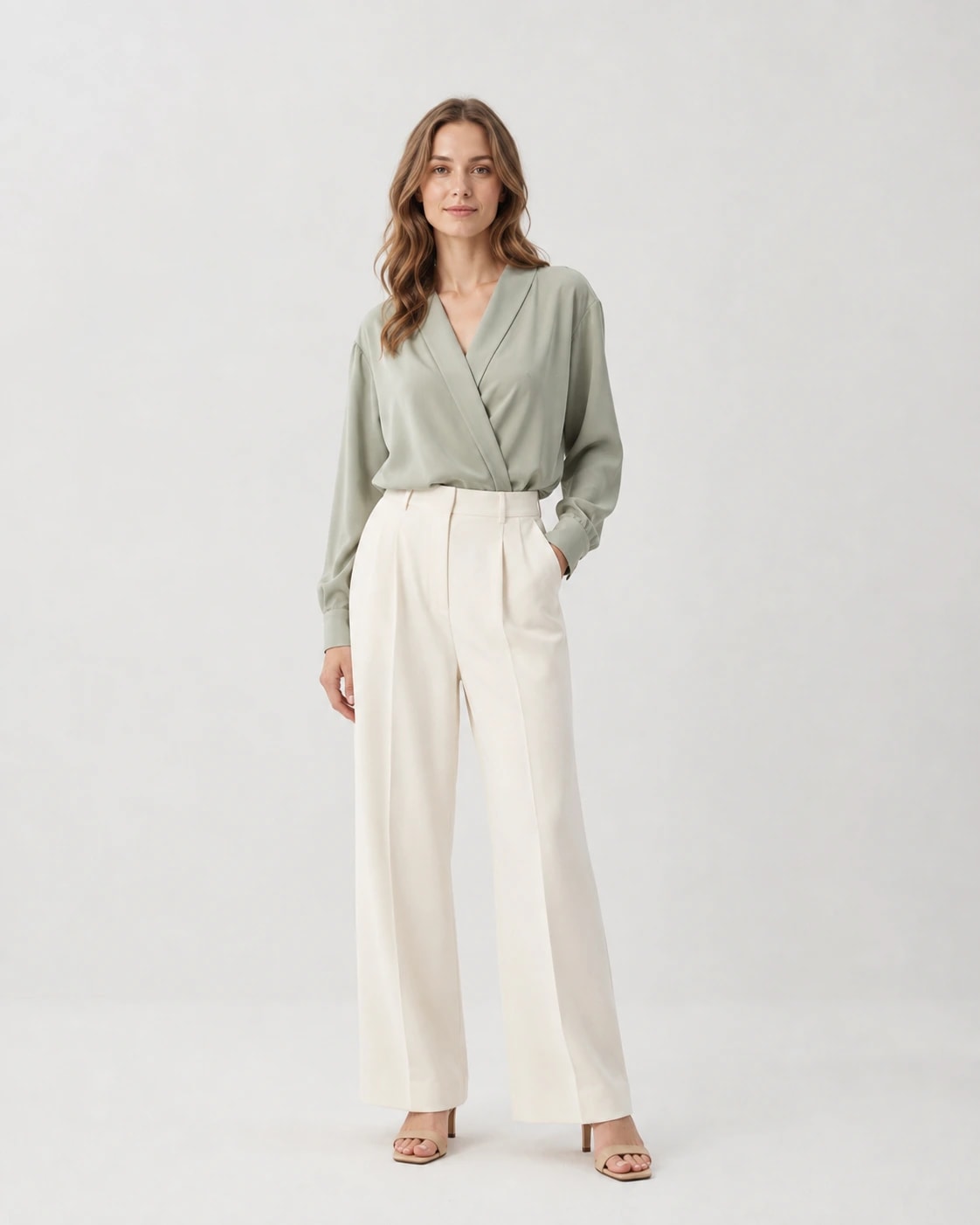Bluză petrecută verde salvie, purtată cu pantaloni crem
