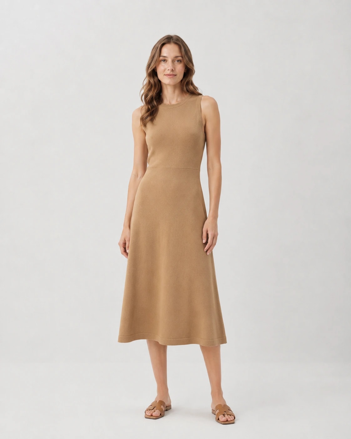 Rochie midi tricotată camel, purtată cu sandale