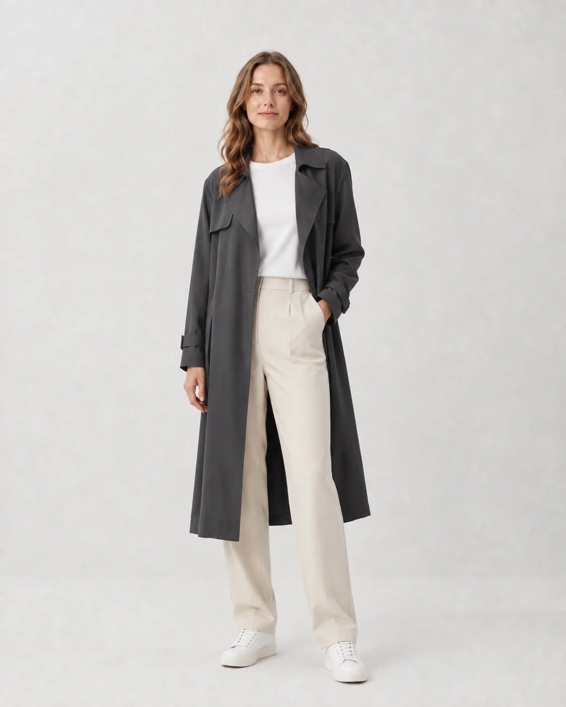 Trench lung gri antracit purtat peste pantaloni crem
